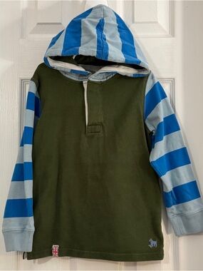 Mini Boden Boy Olive Hooded Top Blue Long Sleeve Striped Sleeves 100% Cotton